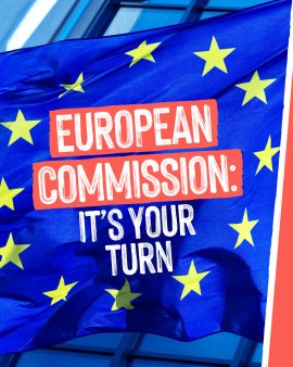 Europaflagge mit der Aufforderung: European Commission: It's your turn!