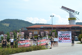 Zahlreiche DemonstrantInnen stehen mit Transparenten vor einem Mochhoritsch-Standort